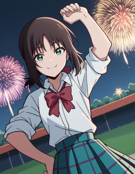 ayano hanesaki, short hair, black hair, green eyes, ponytail, short ponytail, sidelocks, skirt, shirt, bow, school uniform, white shirt, pleated skirt, collared shirt, bowtie, red bow, plaid, plaid skirt, red bowtie, sleeves rolled up,