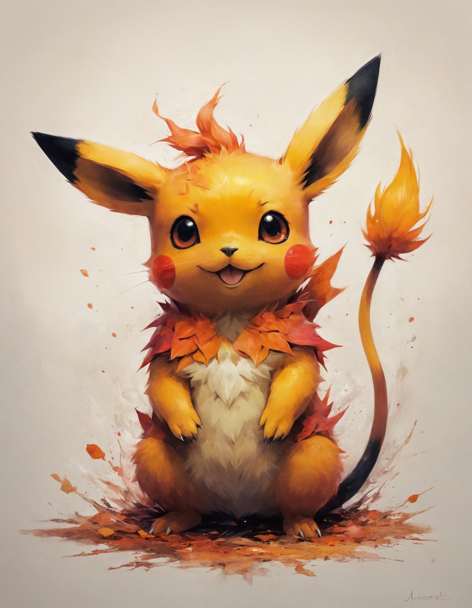 A yellow and orange Pokemon with a leaf on its back and a fire in its mouth.