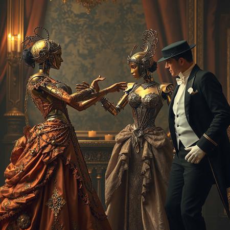 Full height view. An Edwardian automata brass Gibson Girl sexbot wearing an elaborate Edwardian evening gown is fighting with the wife of an Edwardian gentleman, photorealistic