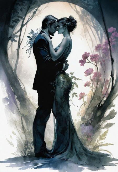 Stunning dark romantic fantasy art double exposure sketch illustration full length portrait silhouette of a beautiful couple passionately hugging. Volumetric and dynamic lighting. A hyper-detailed photorealistic, hyperrealistic, impressionistic, maximalist masterpiece. Screensaver, ink, watercolor, flowers, herbs, flora
style of Harrison Fisher, Jean Baptiste Monge, Thomas Kinkade, David Palumbo, Karn Griffiths.