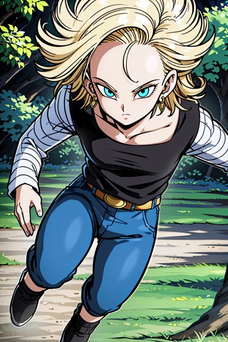 masterpiece, detailed face, 
android 18,  buu saga, , 1girl, solo, looking at viewer, short hair, blue eyes, blonde hair, collarbone, 
field, trees, forest, full body, hovering, 
midair, 
black shirt, long sleeves, striped sleeves, hoop earrings, shoes, orange socks, belt, high waist pants,
 <lora:c18SSE:0.7>