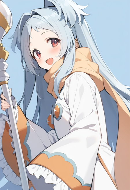 1girl, miyako \(princess connect!\), solo, open mouth, long hair, smile, sleeves past wrists, scarf, looking at viewer, sleeves past fingers, blush, long sleeves, :d, holding, red eyes, brown scarf, staff, holding staff, ribbon, blue hair, very long hair, brown eyes, wide sleeves, upper body, frills, white ribbon, hair intakes, very long sleeves, frilled sleeves, coat, jacket, white jacket, white dress, blue background, orange scarf, dress, white coat, sidelocks, parted bangs, from side, silver hair, grey hair, two side up, simple background, weapon, masterpiece, best quality <lora:miyako_princess_connect_sdxl_v1:0.7>