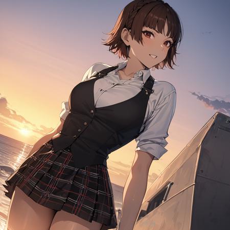 1girl, Niijima Makoto, wearing white shirt and black vest and plaid skirt, standing by ocean with sunset, masterpiece, latest <lora:makoto_xl_a3-000015:1>