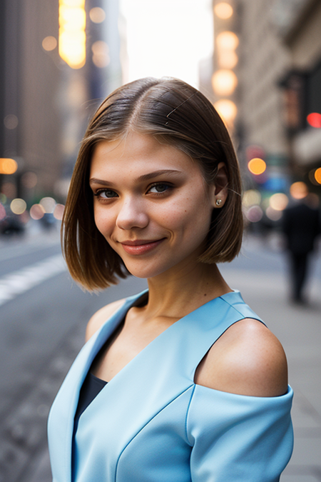 SashaKaigorodova, photography by (Rodney Smith:1.3), ((face focus, shoulders)), modelshoot, pose, (business dress, facing viewer, busy Manhattan sidewalk, looking at viewer, blurry background, bokeh, ID photo:1.3), grin