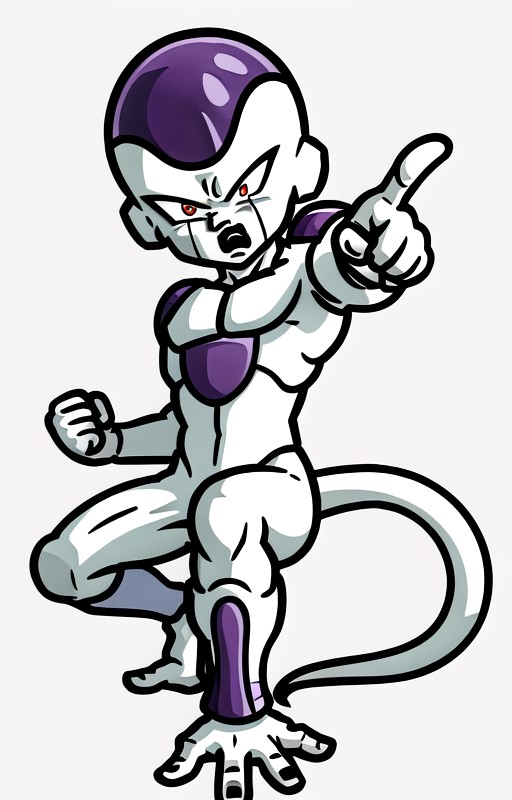 masterpiece, best quality, frieza, 1boy, on one knee, pointing at viewer, angry, full body, looking at viewer, male focus,...