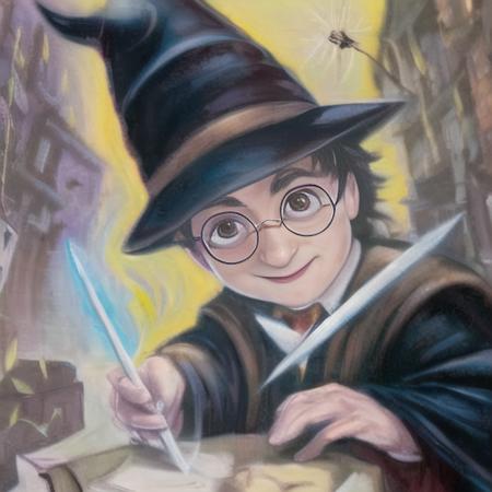 a wizard portrait of harry potter with (small wizard stick) in right hand, by HarryPotterStyle