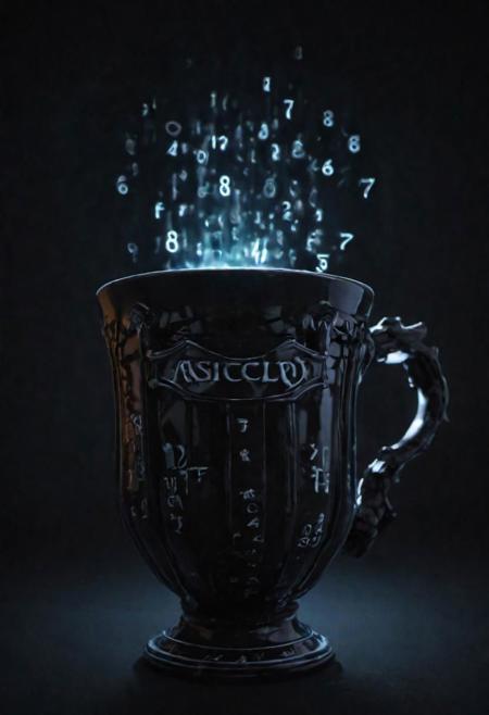 ((masterpiece)), ((best quality)), ((detailed)), Unparalleled, ((Enchanting)), ((Impressive)), digital Fantasy, porcelain black cup of knowledge, Cup,  random ASCI characters, Glowing digits, Darkness, Concept art, Visual representation, Artwork, Cinematic lighting, Evocative lighting, Mood lighting, Filmic illumination, F/1.8, Wide aperture, Low-light photography, high quality photography