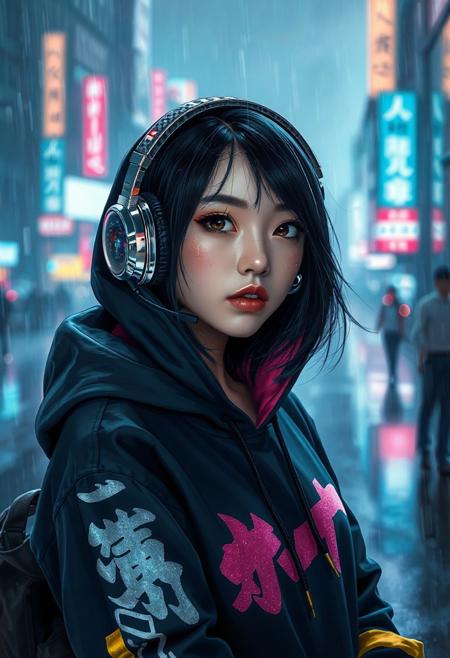 Half-Japanese female hacker. More Caucasian with freckled nose and cheeks. Teal lipstick. Aged 28. Cyberpunk clothing. Hi tech chrome and carbon fibre one eared headset. Bold graphic styled Hoodie with Japanese lettering down a sleeve and a bold golden stripe down each sleeve   The girls eye pupils have swirling Galaxy of stars and specks floating in a nebula pattern   Posed in front of a Rainy city at nite