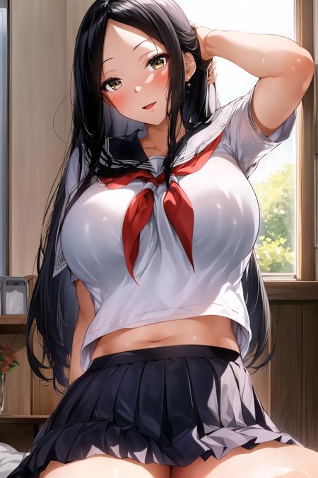 (day:1.7), in a room with a window,
sitting on the floor,
pleated skirt, school uniform, serafuku, short sleeves, skirt,
 <lora:Nanakamado_Ninoka_Nanakas_Paradise-KK77-V1:0.85>,
Black eyes, Black hair,bangs, Long_hair, yellow eyes,forehead,parted bangs,
1 girl, 20yo,mature female,Beautiful Finger,Beautiful long legs,Beautiful body,Beautiful Nose,Beautiful character design, perfect eyes, perfect face,
looking at viewer, in the center of the image,focus on face,
NSFW,official art,extremely detailed CG unity 8k wallpaper, perfect lighting,Colorful, Bright_Front_face_Lighting,
(masterpiece:1.0),(best_quality:1.0), ultra high res,4K,ultra-detailed,
photography, 8K, HDR, highres, absurdres:1.2, Kodak portra 400, film grain, blurry background, bokeh:1.2, lens flare, (vibrant_color:1.2)
(Beautiful,Large_Breasts:1.2), (beautiful_face:1.5),(narrow_waist),