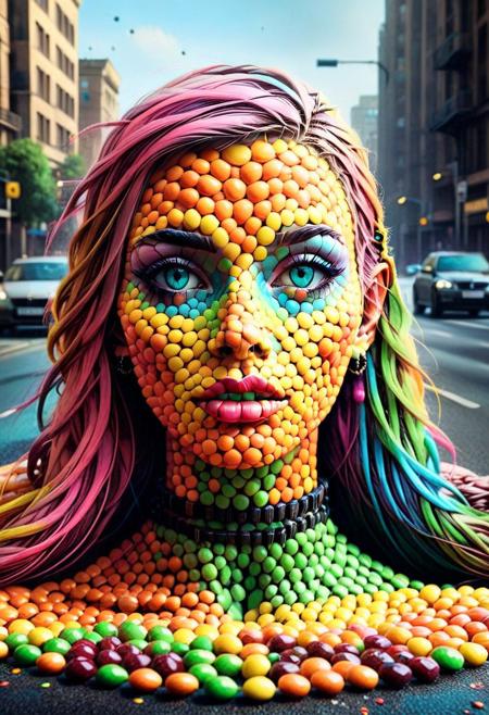 inkpunk, Skittles, Taste the Rainbow, city street, road made of skittles, detailed background, Detailed face, detailed eyes, perfect eyes, absurdres, high quality, masterpiece, very aesthetic