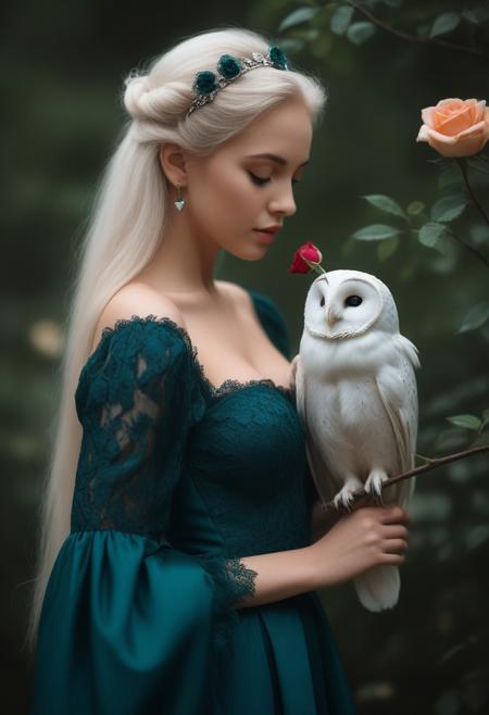 A close-up portrait photograph captures a beautiful young woman and a vibrant owl in an intimate moment. The woman, 
positioned on the right side of the image, 
wears a flowing, 
deep teal gown with puffy sleeves and intricate lace details along the edges of the shoulders and sleeves. Her long platinum blonde hair with a small green heart-shaped accessory. Her serene expression, 
with closed eyes, 
adds to the tranquil atmosphere as she holds a vivid red rose close to her lips. The owl, 
perched on a branch to the left, 
displays brilliant white feathers on its head and body, 
transitioning to peach-color on its tail, 
Its beak is open as it appears to be nibbling gently at the rose petals. The background is softly blurred, 
consisting of dark green hues suggesting a forest setting, 
which enhances the focus on the subjects. The lighting is soft and diffused, 
creating a dreamy, 
ethereal quality to the scene and highlighting the textures of the feathers and the delicate petals of the rose. The overall composition is balanced and intimate, 
with high contrast and saturation emphasizing the vivid colors of the owl and the rose, 
while the shallow depth of field keeps the main subjects in sharp focus against the dreamy, 
blurred background.by Galr Dfh