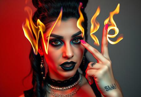 A very young drag queen girl with black makeup and pink nails, looking like she just failed something, shaking her head, drawing the letters "Woke" using flames, in the air, with a finger, on finger ave a tattoo "Shhhh!" photo by helmut newton