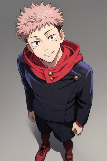 masterpiece, best quality, 1boy,  itadori yuuji, pink hair, spiked short hair, undercut, brown eyes, facial mark, red footwear, red hoodie, school uniform, shoes, gakuran, jacket, long sleeves, black pants,  standing, full body, solo, looking at viewer, smile, simple background <lora:Itadori:1>