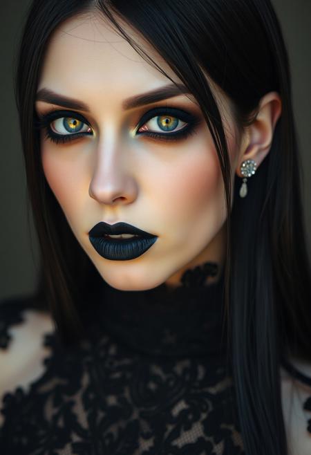 closeup portrait of goth vampire-esque woman mid 30s, thin fit, big boobs, jet black sleek hair, dramatic smokey eye makeup, high-neck black lace top, black lipstick, subtle tear-shaped face jewel, soft moonlight on pale skin, photorealistic  
closeup, photorealism, black hair, big boobs, thin fit, smokey eye, lace top, black lipstick, moonlight, one eye looks like an owls, golden  iris 
fullbigttgothgflady-mk.1