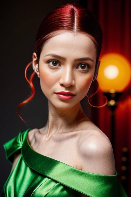 digital illustration in a hyper-realistic, surreal style by artist Lea Bland. The subject is a young woman with a fair, porcelain-like skin and striking, piercing green eyes. She has a slender, petite figure and wears a delicate, flowing orange dress that drapes over her shoulders, partially covering her chest. Her hair is styled in an elegant, voluminous updo with tendrils framing her face. She has a delicate, heart-shaped face with high cheekbones, a small nose, and full, slightly parted lips painted a deep, vibrant red.