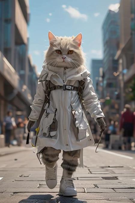 a woman's head, on a cat's body, running down a street, with a plane on her back