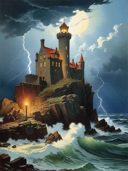 <lora:04Vintageillustration_Hap_XL:1>,Norman Rockwell style,vintage poster, A ruined castle on a rock of the sea, a stormy sky, lightning that illuminates the teeth, an eerie lightï¼