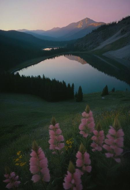 dawn mountain vista backlit (Deep Focus) contrast (f_stop 2.8), (focal_length 35.0) f/2.8, 35mm focal length Photograph of (view from above:1.3),analog photo,silhouette,spotlight,displaying majestic peaks bathed in the first light of dawn, with hues of pink and gold painting the sky. The rugged terrain should be cloaked in mist, adding to the mystical ambiance of the scene. Alpine meadows dotted with wildflowers carpet the slopes, while a tranquil lake mirrors the stunning beauty of the surrounding landscape. Birds soar overhead, their cries echoing through the valley. Overall image should evoke a sense of awe and grandeur. RAW candid cinema,16mm,color graded portra 400 film,remarkable color,ultra realistic,captured on a (Fujifilm X-Pro3) / (f_stop 16.0), (focal_length 24.0)