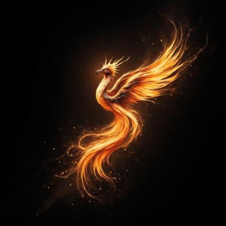 phoenix made out of singular intricately flowing light strands against a black background, swirling particles, abstract graphics, contours of a burning tree hidden in smoke, majestic, concept art, flowing light, glowing dust