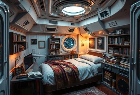 compact spaceship bedroom for apprentice magician with a computer a bed and piles of book. no decoration full metal room