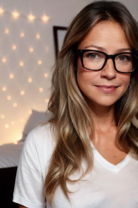 Portrait photo of lu4n4p10v4n1 woman, (light bokeh)++, (white tshirt)+, detailed face, in a bedroom, glasses, makeup, slight smile