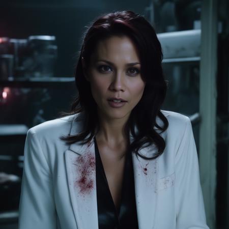 lexa_doig, <lora:LexaDoigXL:1>, close up of a mad scientist, white blazer, evil smile, frankenstein, blood splatter, standing in a dirty grungy old laboratory with fluorescent lighting, ((perfect eyes, detailed eyes,realistic eyes)), ((sharp face, detailed face, realistic face, naturtal skin, realistic skin, detailed skin, pores))