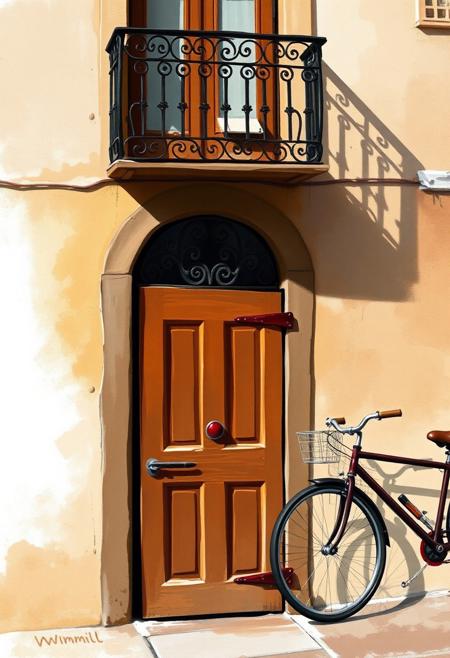 This is a vibrant detailed, impressionistic digital painting, showcasing a charming, rustic scene. The central focus is a wooden door with intricate, decorative ironwork above it. The door is painted in warm, earthy tones of brown and beige, with a hint of red in the hinges and a small red circle near the top. The door is slightly ajar, revealing an arched, metal grillwork design behind it. Above the door, there is a small, ornate balcony with an iron railing, painted in a dark, almost black hue, which adds contrast to the warm colors of the door. The shadow of the balcony is projected on the wall to the right.
To the right of the door, a vintage-style bicycle leans against the wall, its tires and frame rendered in a dark shade with visible spokes. The bicycle's presence adds a touch of modernity to the otherwise traditional scene. The background of the painting features the side of a building, with its texture and colors rendered in a loose, watercolor style, using shades of beige, white, and light brown. The artist's signature, "Windmill," is visible in the bottom right corner.
The overall mood of the painting is tranquil and nostalgic, capturing a moment in time with a blend of traditional and contemporary elements.