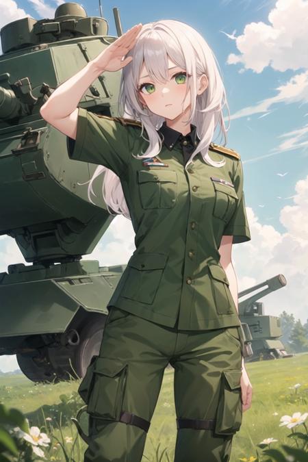 1girl, military uniform, pants, long hair, short sleeves, salute, arm behind back, standing, war, solder, outdoors, green eyes, expressionless,