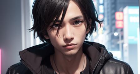 boy, black eyes, black hair, cyberpunk