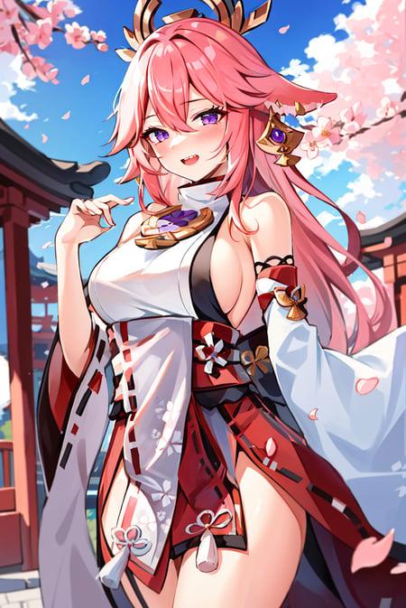 yae miko, 1girl, animal ears, architecture, bare shoulders, blue sky, blush, breasts, building, cherry blossoms, cloud, cowboy shot, day, detached sleeves, earrings, east asian architecture, falling petals, floppy ears, floral print, flower knot, fox ears, glint, groin, hair between eyes, hair ornament, jewelry, large breasts, looking at viewer, maebari, neck ribbon, no panties, nontraditional miko, ofuda, ofuda on pussy, open mouth, outdoors, petals, pink hair, purple eyes, red skirt, ribbon, ribbon trim, shirt, sideboob, sidelocks, skirt, sky, sleeveless, sleeveless shirt, solo, speech bubble, spoken exclamation mark, tassel, taut clothes, taut shirt, teeth, thighs, turtleneck, upper teeth only, white shirt, white sleeves, wide sleeves, ((masterpiece))  <lora:yae_miko_offset_9_6:1>