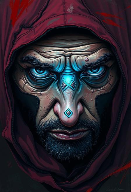 Overhead bird’s-eye view, close-up portrait. Weary bounty hunter with textured skin, cool blue holographic display. Rich burgundy and deep blue, gritty realism, expressive brushwork, cyberpunk aesthetics, impasto textures, dramatic lighting, deep shadows, dreamlike atmosphere.