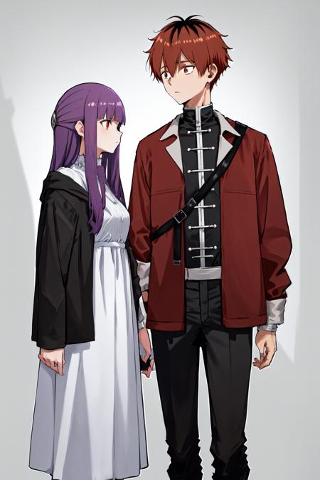 1girl fern black jacket white dress purple hair 1boy stark red jacket open clothes black pants