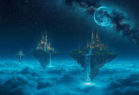 A nightscape featuring floating islands drifting in a star-filled sky.  complete with castles and glowing waterfalls