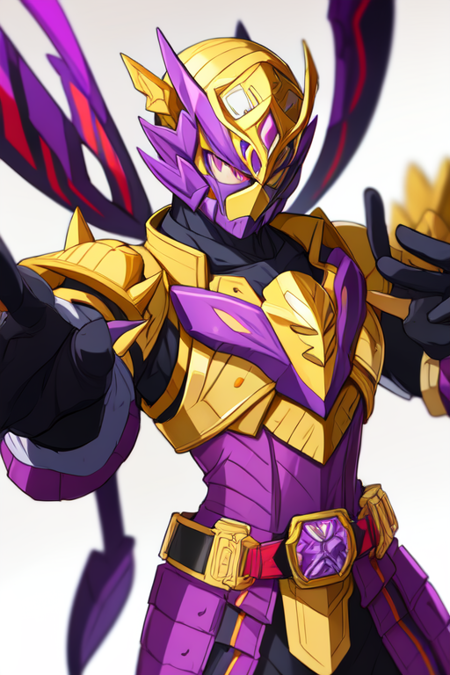 Scorpion, dragonfly, (purple armor:1.25), helmet, tokusatsu, rider belt, solo