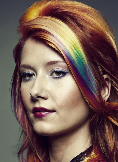 portrait of sks woman by Flora Borsi, style by Flora Borsi, bold, bright colours, rainbow Mohawk haircut, ((Flora Borsi)), <lora:locon_jewelstaite_v1_from_v1_64_32:1.25>