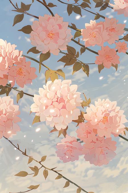 no humans, blue sky, sky, day, outdoors, branch, cherry blossoms, tree, petals, leaf, cloud, flower, still life (illustration:1.0), masterpiece, best quality    <lora:floweras_20231016212448:0.8>