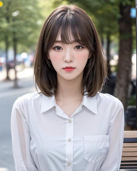 pureerosface_v1, best quality, photorealistic, 8k, high res, full color, 1girl, woman, 20 years old woman, (closed mouth:1.73), (skindentation), (portrait:0.6), trees, park bench, daylight, ((park background:1.52)), full color, ((whitebuttonedshirt:1.58)), looking at viewer:1.8, (1girl eyes looking at viewer:1.55), (medium hair, brownhair, partedbangs:1.45), (bokeh), <lora:AAW-wendy2:0.69>