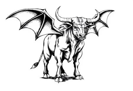 fantasy, ink art, comic style art, bull is standing with four feet, feet has claws, bat wings