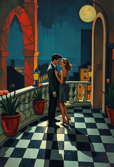 Two lovers pose on a checkerboard terrace at night, their shadows bending into cubist patterns, framed by surrealist arches and electric hues.
cinematic realism, modernist abstraction, vintage fashion, expressive color palette, fragmented composition, narrative surrealism, romantic noir, bold geometric forms, rhythmic patterns, textured brushwork, dreamlike tension, symbolic elements, 20th-century elegance, surreal backgrounds, abstract expression, stylized figures, visual dynamism, painterly contrast, emotional ambiguity, narrative experimentation