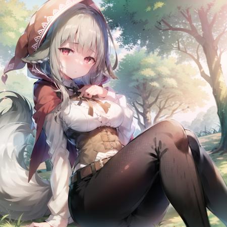 masterpiece, absurdres, best quality, 1girl, <lora:Velouria V5:1> velouria_fates, wolf girl, two-tone hair, multicolored hair, gray hair, black hair, sitting, red hood, black pants, white shirt, wolf tail, on a forest below a tree, single tail,