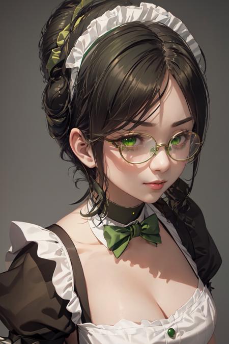 highres, sharp focus, pixiv masterpiece, ((intricate details)), highly detailed, yuri alpha, 1girl, black hair, (green wristband, green gauntlets, spikes,:1.1) glasses, green eyes, maid, single hair bun, dress, choker, bowtie, maid apron, <lora:Yuri Alpha v1_1:0.7>