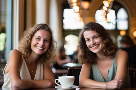 In an endearing close-up photograph, two close young european woman, with radiant smiles and sparkling eyes, sitting in a cafe and looking directly at the viewer. The genuine bond between them is evident in their warm expressions. The background, beautifully blurred through a high depth of field, accentuates the focus on their heartfelt connection. Captured in a Photographic style with a 50mm prime lens, ensuring exquisite facial details and a natural perspective that brings out the authenticity of their friendship.