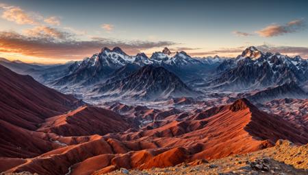 ((masterpiece:1.4,best quality)), cloud,  outdoors
(mountains), scenery, sky, (dessert:1.4),
(early morning:1.4),morning red, high detail, abundant, 8k, high detail, wallpaper,