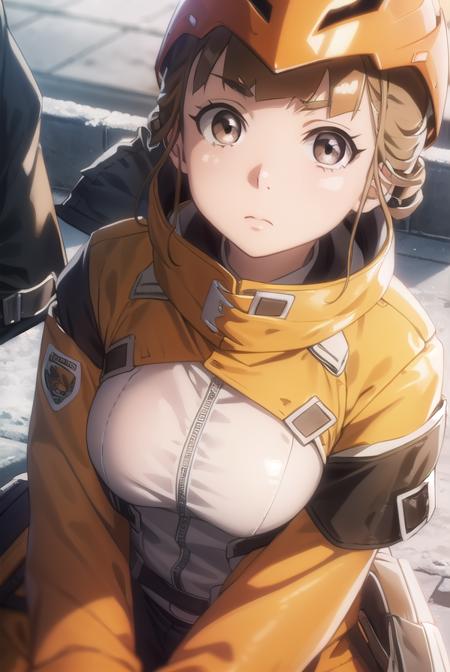 hinata miyake, short hair, brown hair, (brown eyes:1.5), shirt, short sleeves, uniform, blue shirt, name tag, id card, employee uniform, jacket, helmet, orange jacket, orange helmet,