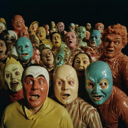 a surreal and movie still close-up-shot, a 1970s Sao Paulo Brazil Theater of the Absurd movement, featuring distorted and exaggerated characters, wearing stretched plastic polymer masks, in a bizarre and hallucinogenic theatre set, with vibrant and contrasting colors, dynamic composition, dramatic surreal theatrical lighting, Leica M3, 50mm lens