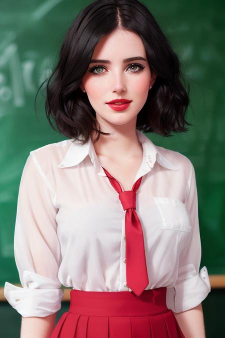 photo of a woman, emmaroberts-2328:0.99,((beautiful black hair, short hair):1.2) ((necktie, white shirt, skirt)), (smug, horny), ((closeup, portrait)),((chalkboard, classroom):1.1),((red lipstick,heavy eyeliner, heavy eye shadow, blush):1.2), ((best quality, masterpiece, extreme details, high resolution):1.2),((detailed eyes, beautiful eyes, detailed face, beautiful face):1.2)