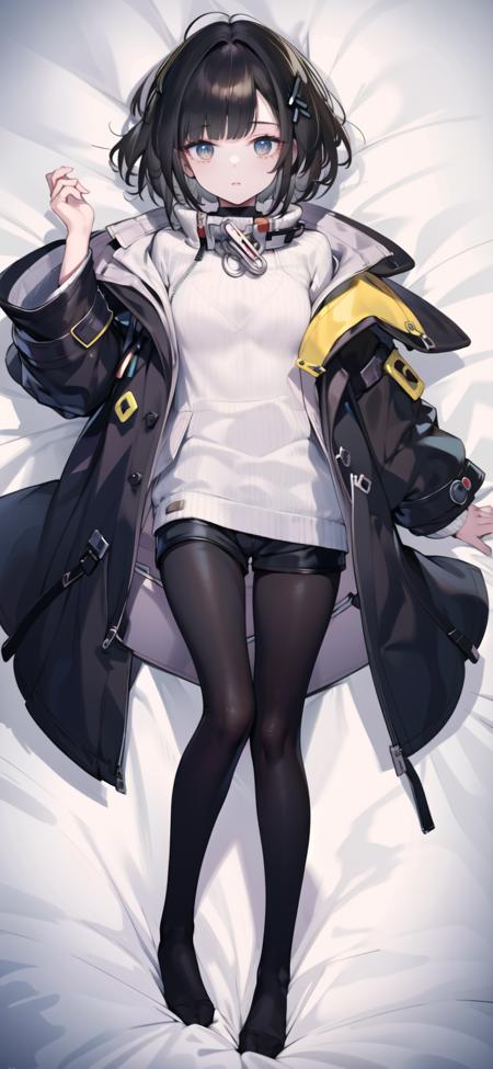 1girl, solo, Endministrator_(Arknights),
BREAK short_hair, grey_eyes, bangs, black_hair, (hairclip), closed_mouth, standing, blunt_bangs,
BREAK hairclip, black_footwear, grey_sweater, (black_pantyhose), short_shorts, black_coat, (sweater_dress),  black jacket, open_jacket, white_shirt, long_sleeves, (turtleneck_sweater),
BREAK  (full_body:1.5), (straight-on), ((lying_on_bed)), (on_back), (lying), ((hands_in_pockets)),
BREAK (simple background), ((on_bed)), ((dakimakura)), 
((masterpiece)), (highres), (best_quality), (highly_detailed),  (original),(Delicate background),(extremely detailed 8K wallpaper),cinematic lighting, volume lighting, light particles, shaded_face, beautiful_detailed_eyes, depth_of_field, perspective,<lora:Endministrator-000020:0.8:lbw=char> ,<lora:ç¥ç§lora K:0.6>,