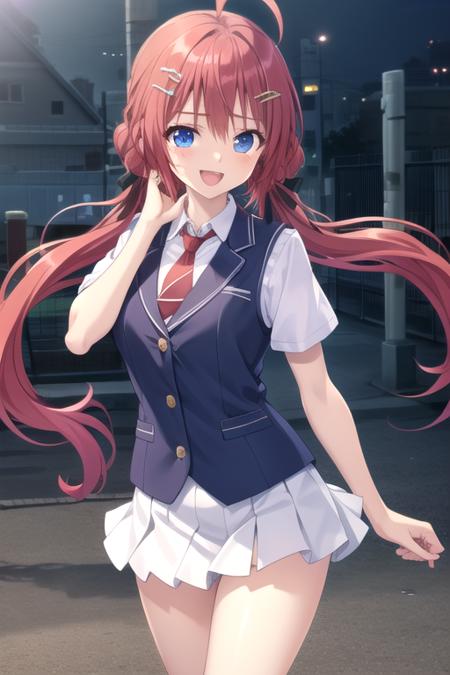 ((masterpiece)),(best quality),official art,extremely detailed CG,unity 8k wallpaper,ultra detailed,beautiful detailed eyes,extremely detailed face,1girl,solo,cowboy shot,looking at viewer,facing viewer,long hair,red hair,low twintails,bow,hair ribbon,hairclip,hair ornament,black ribbon,ahoge,hair between eyes,bangs,blue eyes,:d,school uniform,blue vest,collared vest,red necktie,collared shirt,white shirt,puffy short sleeves,medium breasts,miniskirt,white skirt,pleated skirt,frills,white socks,loafers,<lora:Tenma Hasumi(rk)>,