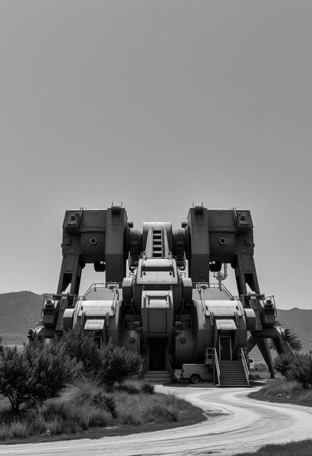 Precise architectural black and white photography portrait. Timeless and elegant style. Moody cinematic atmosphere, surreal realism. Pastoral landscapes, futuristic elements, giant machines. Sharp lines, detailed structures, wide angles.