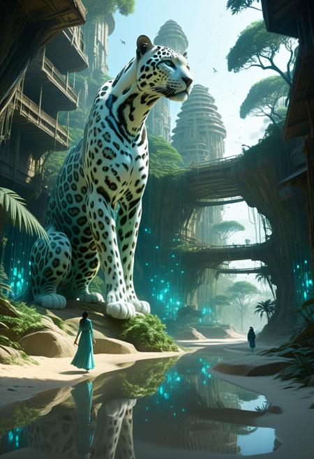 (by Ellen Jewett:1.5), (Bioluminescent Impressionism,  woman stroking giant sleek feline creature jaguar like, from their high towers, sleek ivory cybernetic architecture looming over the jungle the lost city of Sand, once a great city, ancient wisdom, a marvel of architecture, embedding the delicacy with the strong influence of the tree and delicate organic architecture of aerial roots, the sand people liked ivory inlaid, carrefully polished wood structure, organic shapes and water flows everywhere in their city. they like walking peacefully in long and transluscent dress, ethereal landscapes, dynamic light, depth of field, biotech emotion:1.3) <lora:xl_more_art-full_v1:0.5> <lora:add-detail-xl:1> <lora:RMSDXL_Creative:2>